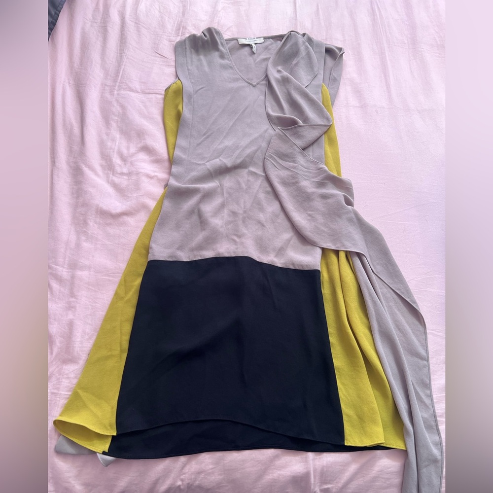 BCBGMaxAzria Colorblock Runway Dress in Soft Gray, Yellow and Black